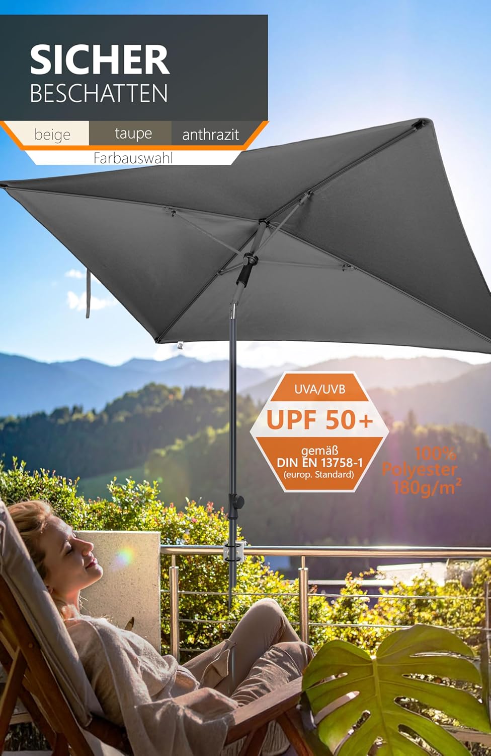 4smile Sonnenschirm Balkon SunnyShade Plus, mit Sonnenschirmhülle - Sonnnenschutz Balkon SET, Anthra