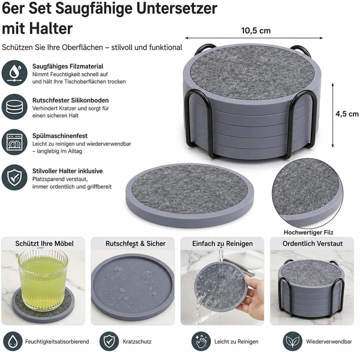 Silikon-Untersetzer Set 6 Stück - rutschfeste Getränkeuntersetzer mit 6 Saugfähigen Filzeinsätzen (W