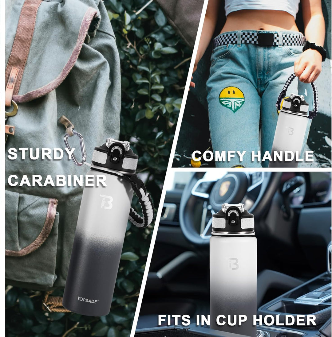 TOPBADE 700ml Edelstahl Trinkflasche Sport mit 2 Deckel (Strohhalm/no Strohhalm), 0.7L BPA-Frei Ausl