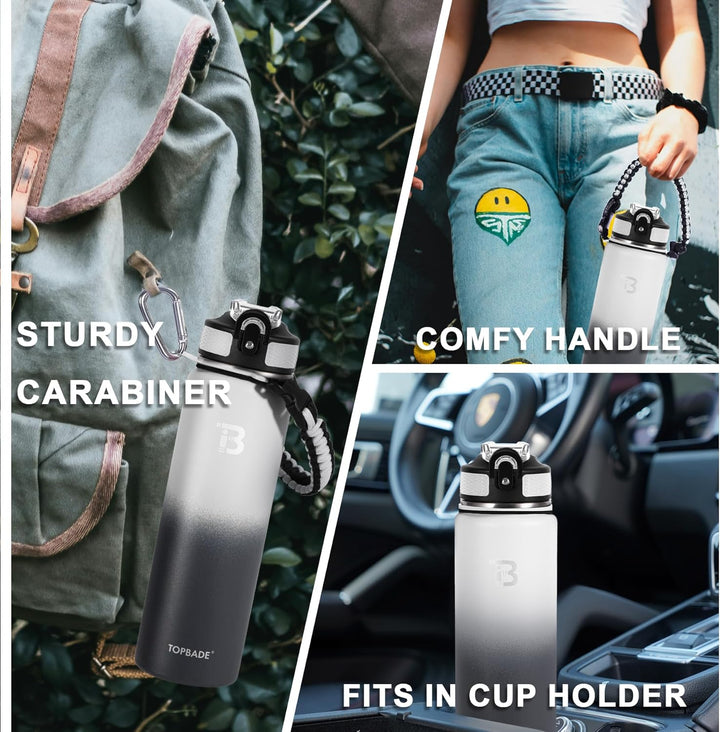 TOPBADE 700ml Edelstahl Trinkflasche Sport mit 2 Deckel (Strohhalm/no Strohhalm), 0.7L BPA-Frei Ausl