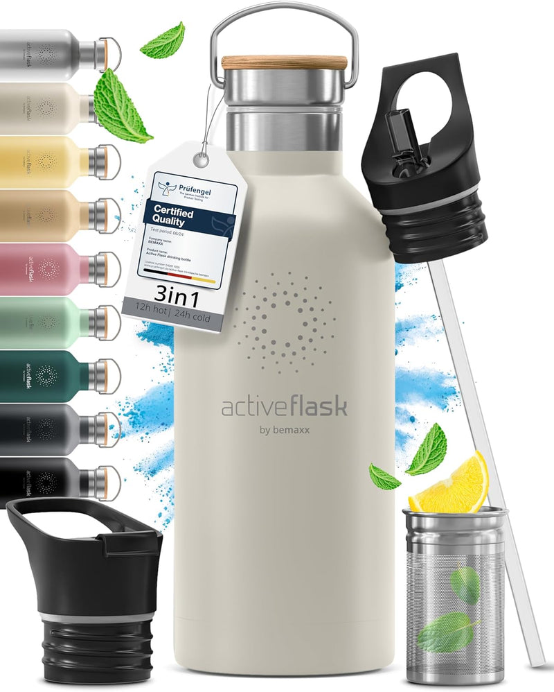 Trinkflasche Edelstahl mit Strohhalm, Infuser + 3 Deckel: BPA-frei, Auslaufsicher, Kohlensäure geeig