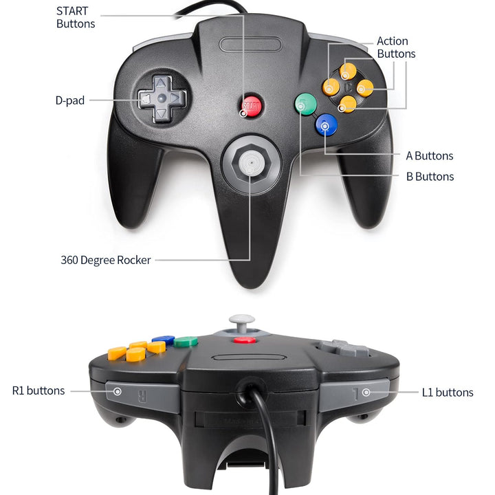 miadore N64 Controller, Kabelgebundener Gamepad Controller Joystick kompatibel mit n64 Konsole (Schw