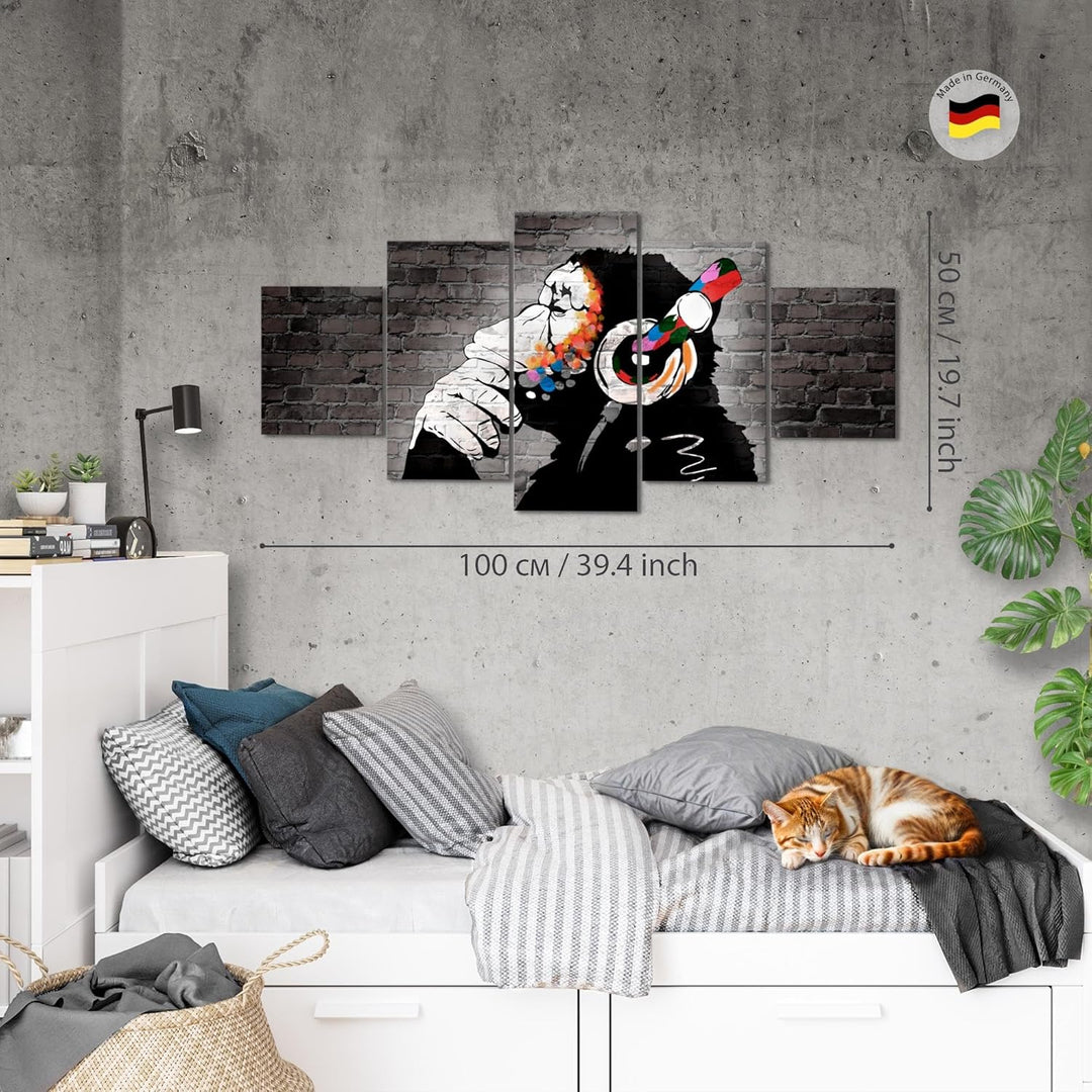 Runa Art Wandbilder Banksy Affe mit Kopfhörer 5 Teilig Bild auf Vlies Leinwand Deko Loft Wohnzimmer