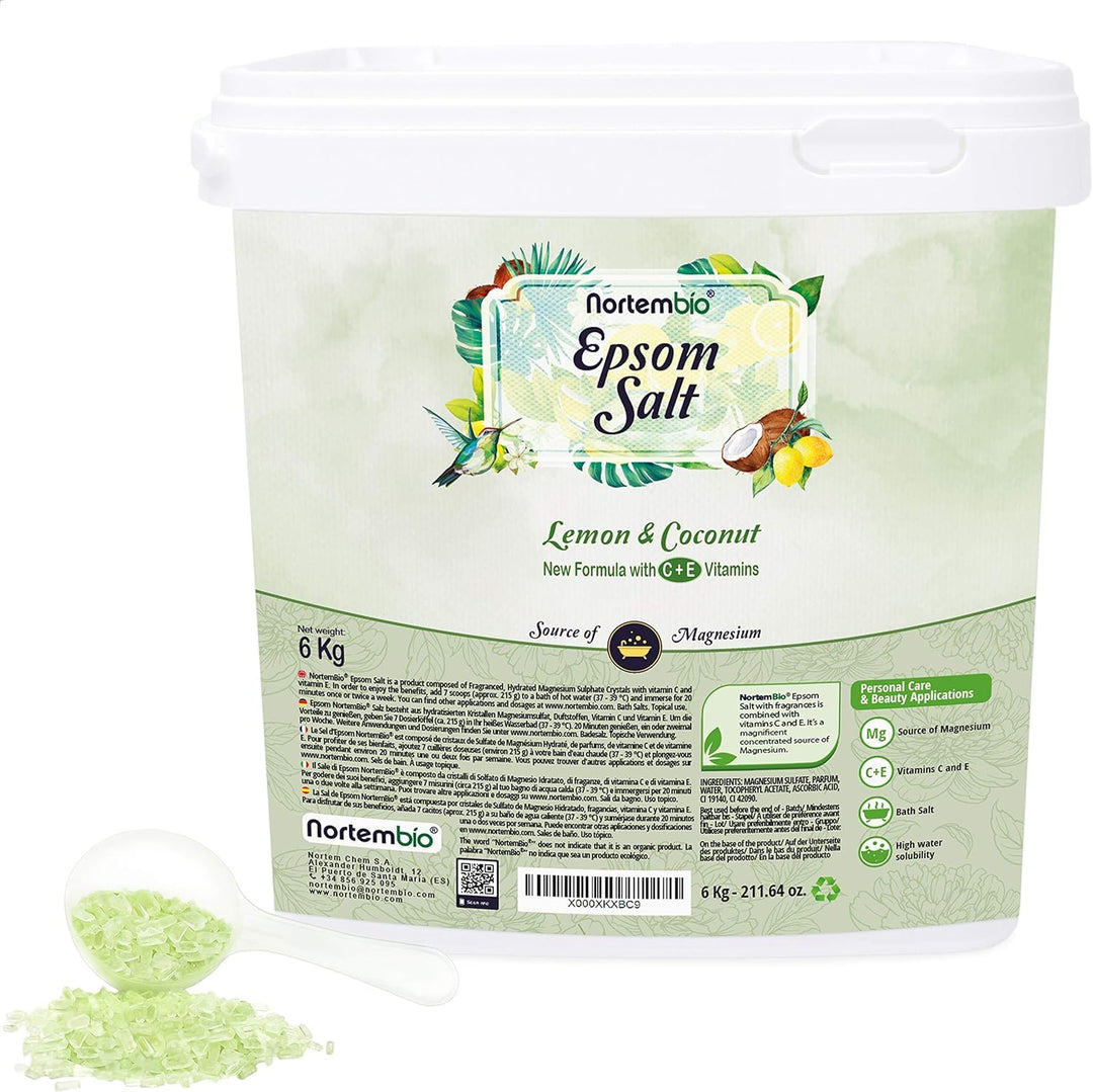 Nortembio Epsom Salz 6 Kg. Neuartigen Duft von Zitrone und Kokosnuss. Hydratisiert mit Vitamin C und