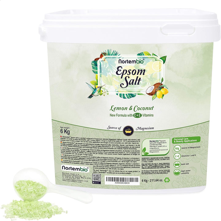 Nortembio Epsom Salz 6 Kg. Neuartigen Duft von Zitrone und Kokosnuss. Hydratisiert mit Vitamin C und