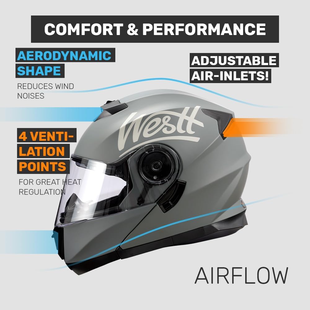 Westt Klapphelm Flip up Motorradhelm Integralhelm Herren Damen mit verstärktem Kinnschutz Chopper Mo