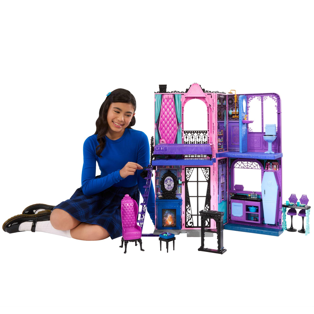 Monster High Buh-tique Hotel Puppenhaus, zusammenklappbares Spielset mit unheimlichen Überraschungen