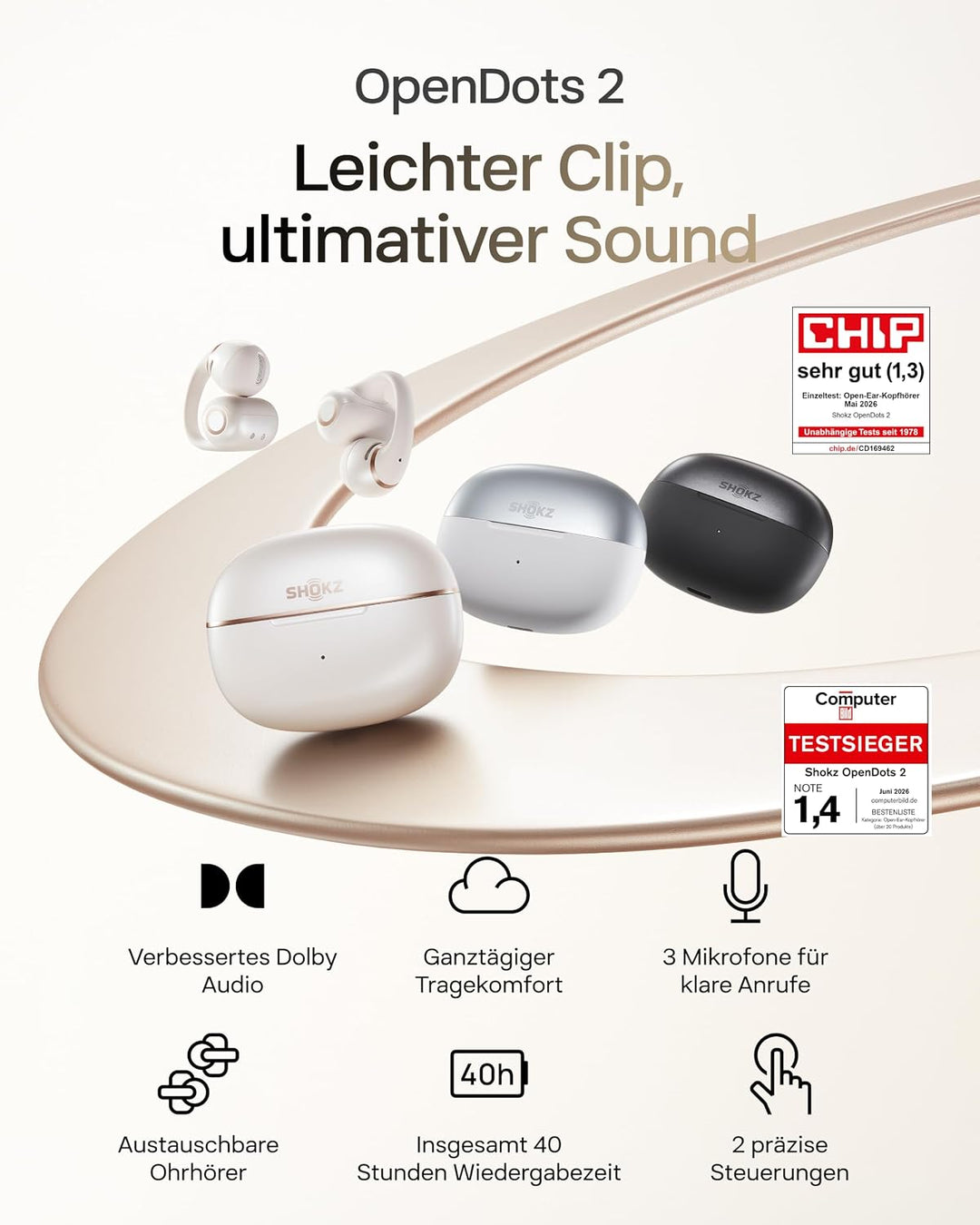 SHOKZ OpenDots 2 Open-Ear Clip-On-Kopfhörer, Clip-On Earbuds, Grau | verbessertes Dolby Audio mit De