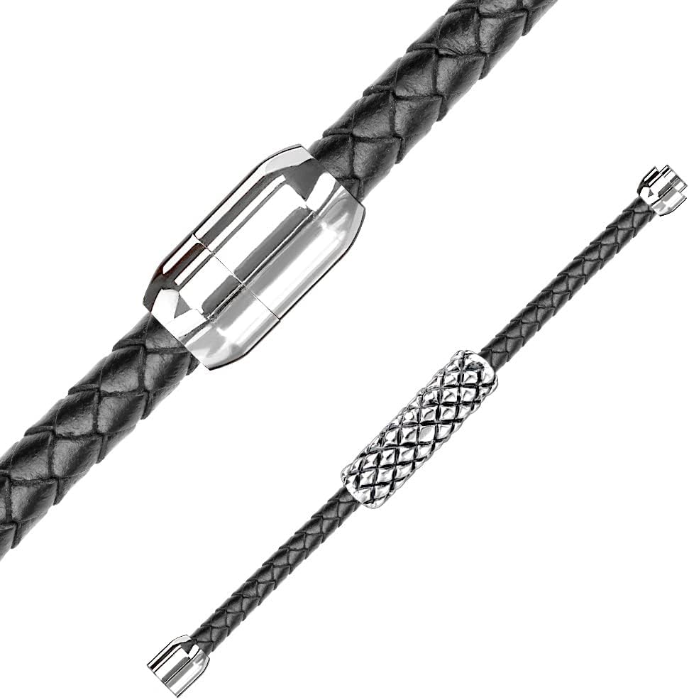 Bungsa Leder-Armband schwarz mit Magnetverschluss & silbernem Rautendesign für Damen & Herren