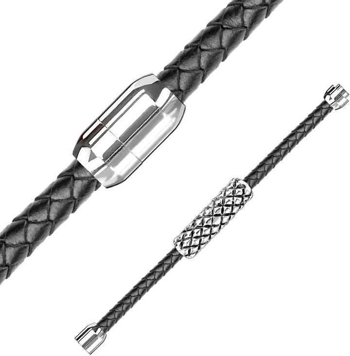 Bungsa Leder-Armband schwarz mit Magnetverschluss & silbernem Rautendesign für Damen & Herren