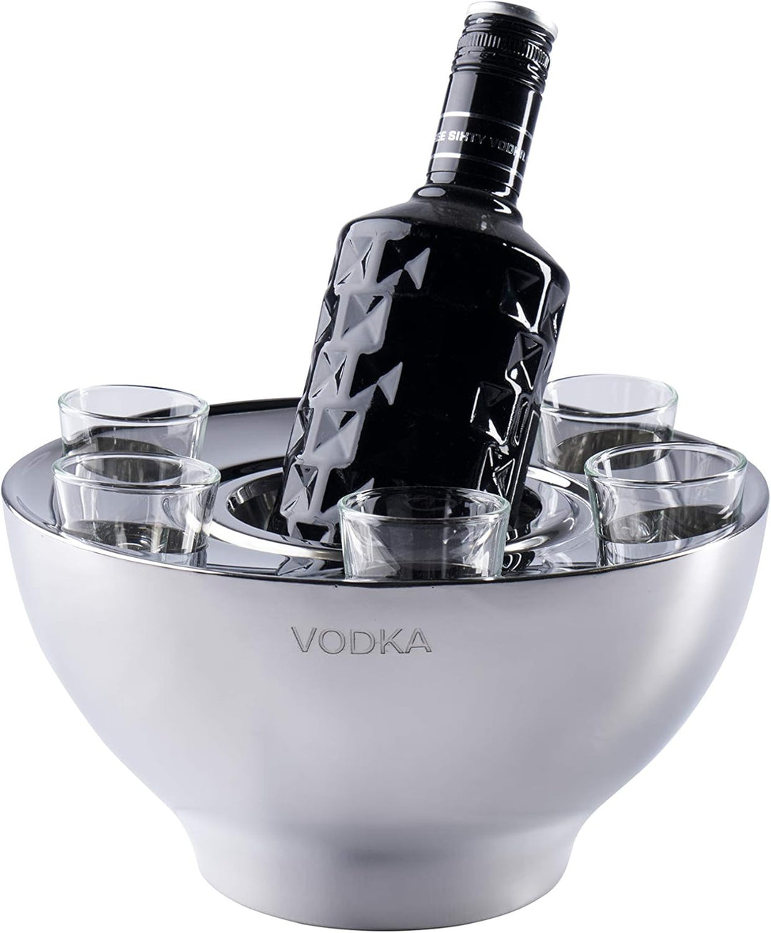 Wodkakühler Wodka Spirituosen Kühler "VODKA" Edelstahl + 6 Shotgläsern Silber, Flaschenkühler Geträn