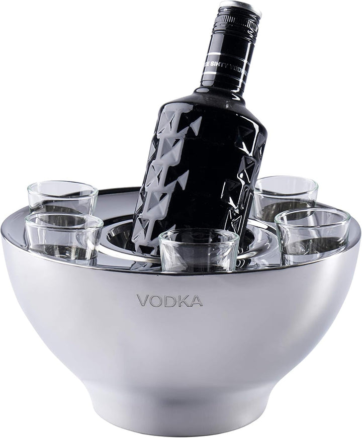 Wodkakühler Wodka Spirituosen Kühler "VODKA" Edelstahl + 6 Shotgläsern Silber, Flaschenkühler Geträn