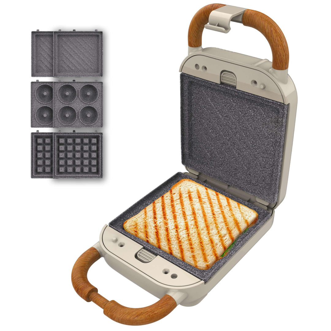 Cecotec Sandwichmaker Rock'Ntoast Retro One Beige. Drei austauschbare Platten, Retro-Design, Rocksto