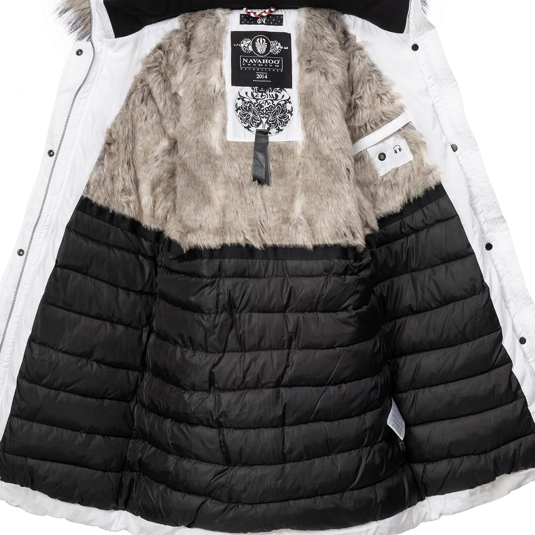 Navahoo Damen Wintermantel warmer Steppmantel lang mit abnehmbarer Kunstfell-Kapuze Paula XS-5XL M W