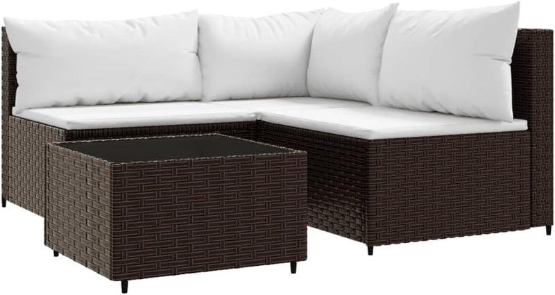 vidaXL 4-TLG. Garten-Lounge-Set mit Kissen Braun Poly Rattan Eckteil+2xMittelteil+Tisch Braun, Eckte