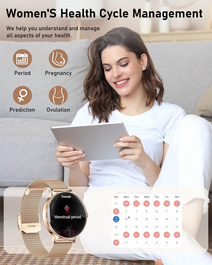 Smartwatch Damen mit Telefonfunktion,1.27" AMOLED Uhren Damen mit 24H Herzfrequenz/Schlafmonitor/SpO