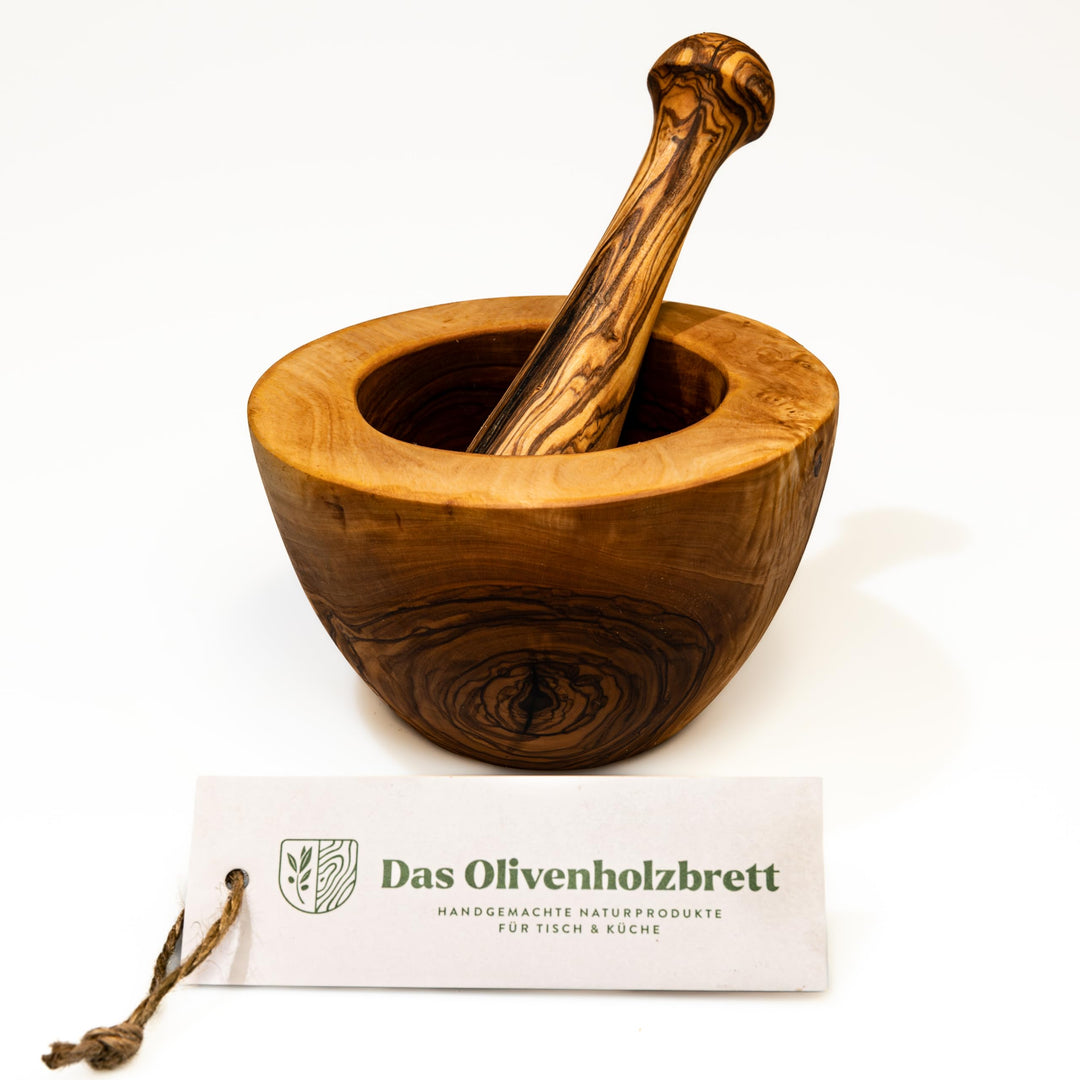 DAS OLIVENHOLZBRETT® Olivenholz Mörser und Stössel glatt/Olivenholzmörser SET/robuster Holzmörser/Ge