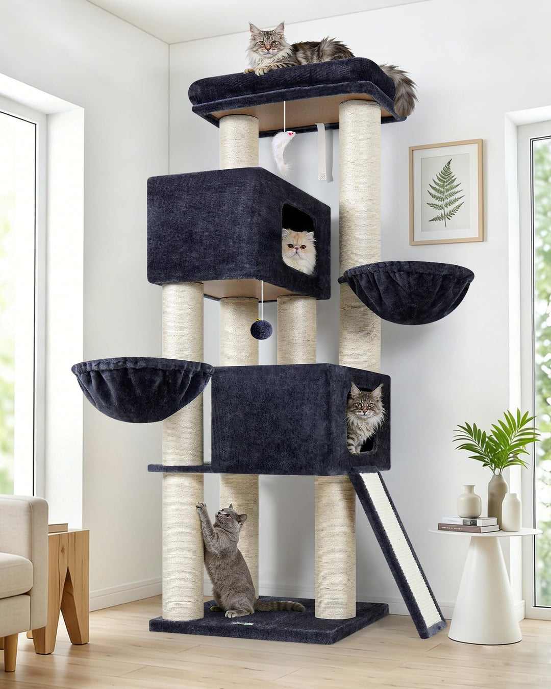 Globlazer Kratzbaum Dicke Stämme 11CM für Grosse Katzen mit 2 Extragross Katzenhaus 50*35*30cm, Ausr