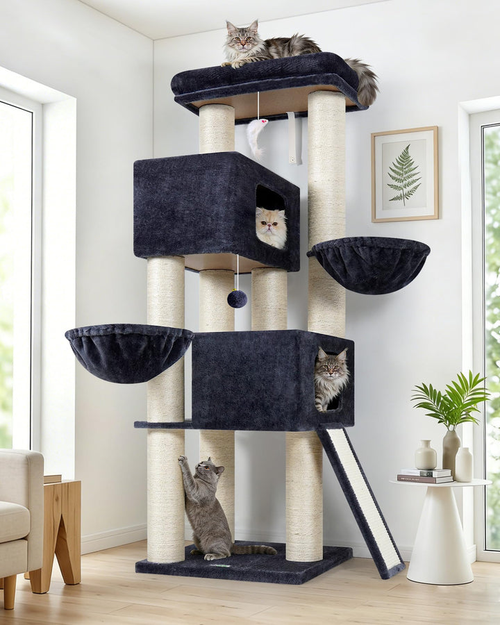 Globlazer Kratzbaum Dicke Stämme 11CM für Grosse Katzen mit 2 Extragross Katzenhaus 50*35*30cm, Ausr