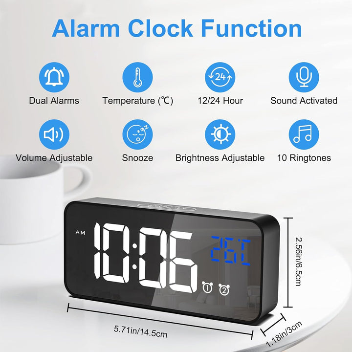 CHEREEKI Digitaler Wecker, LED Digitaluhr mit Temperaturanzeige Tragbarer Spiegelalarm Tischuhr mit