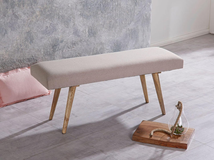FineBuy Sitzbank Stoff/Massivholz Bank beige 117x51x38 cm im Retro Stil | 2er Polsterbank Flur | Gep