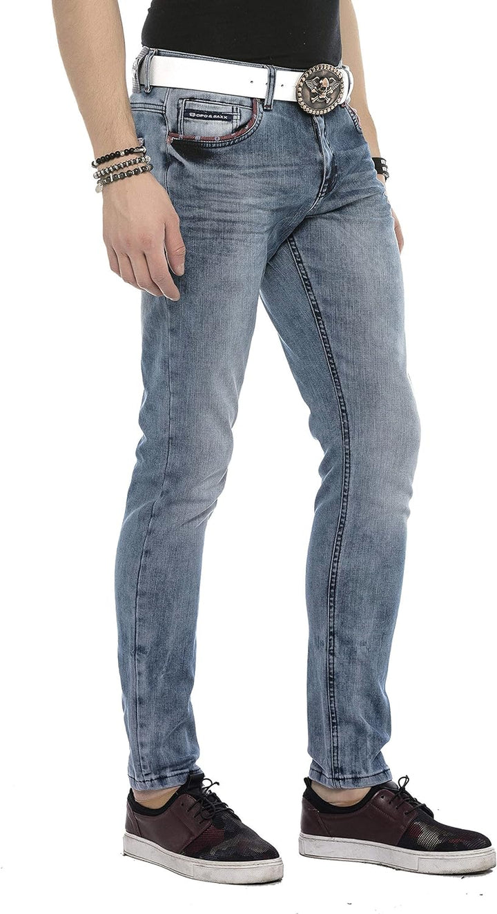 Cipo & Baxx Herren Jeans Hose Klassich Regular Fit Acid Waschung Five-Pocket Design Jeanshose Blau W