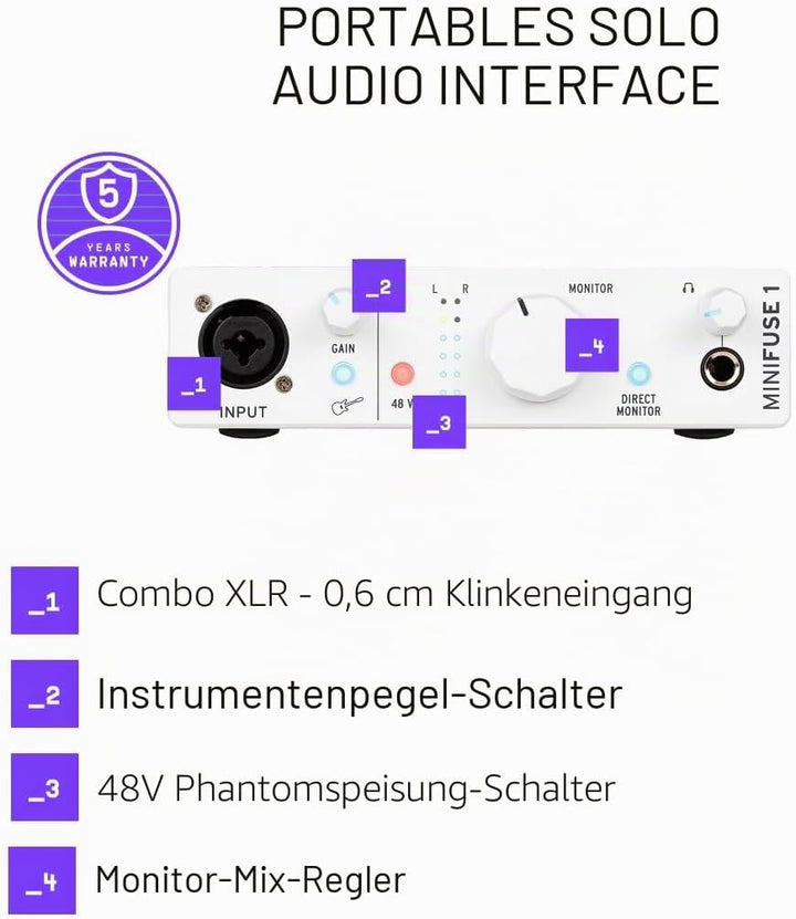Arturia - MiniFuse 1 - Kompaktes USB-Audio-Interface mit Kreativer Software für Hochwertige Aufnahme