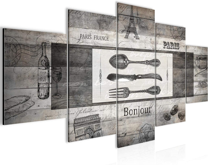 Runa Art Bild Esszimmer Küchenbilder Küche Holz 5 Teilig Vintage Besteck Grau Wandbilder auf Vlies L