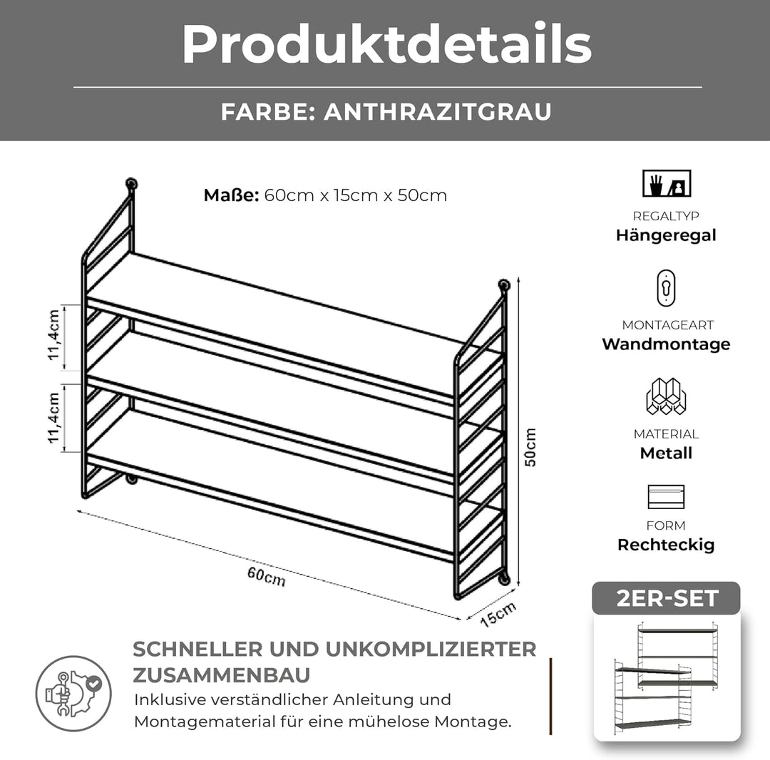 [en.casa] Modulares Wandregal Strängnäs 2er Set Metallregal Anthrazitgrau Hängeregal mit 3 Regalböde