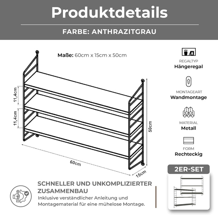 [en.casa] Modulares Wandregal Strängnäs 2er Set Metallregal Anthrazitgrau Hängeregal mit 3 Regalböde