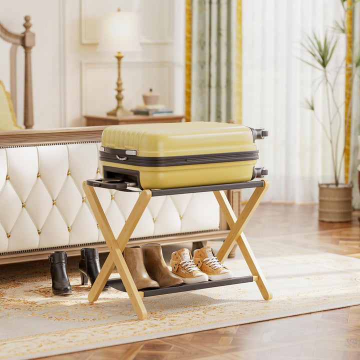 Kofferständer, faltbarer Gepäckträger aus Bambus mit Ablage für Gästezimmer, Schlafzimmer, Hotel, Cl