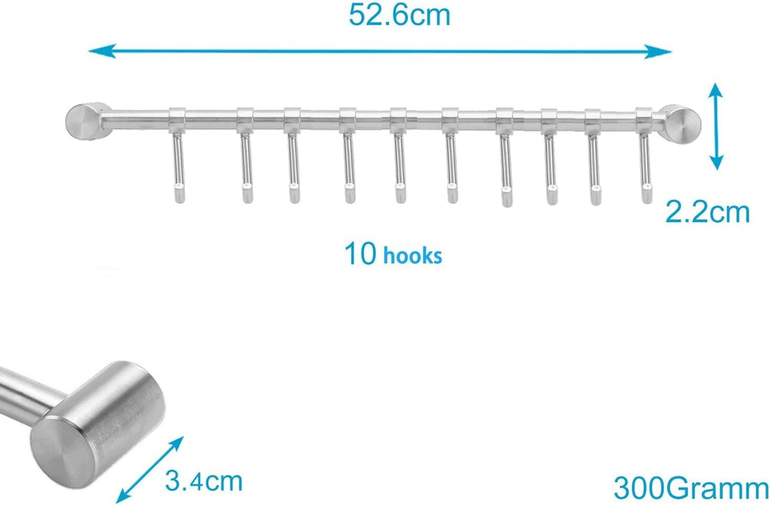 INTIRILIFE Hängeleiste für die Küche aus Edelstahl mit 10 beweglichen Haken zum Bohren - 52.6 x 3.4