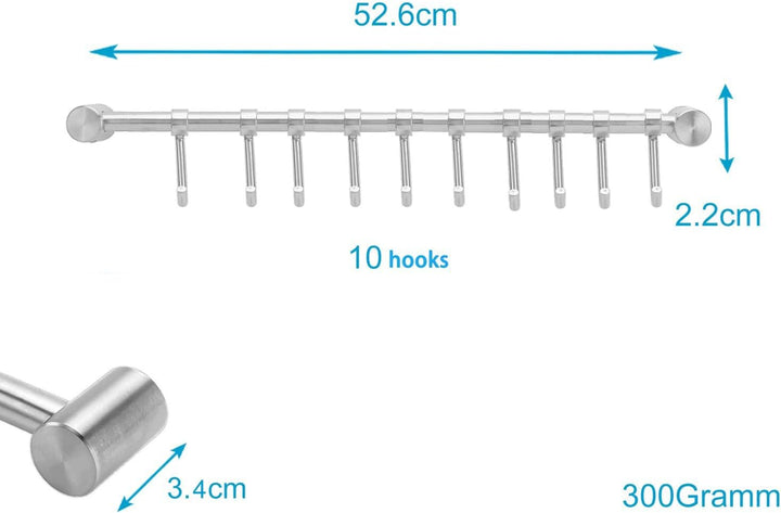 INTIRILIFE Hängeleiste für die Küche aus Edelstahl mit 10 beweglichen Haken zum Bohren - 52.6 x 3.4