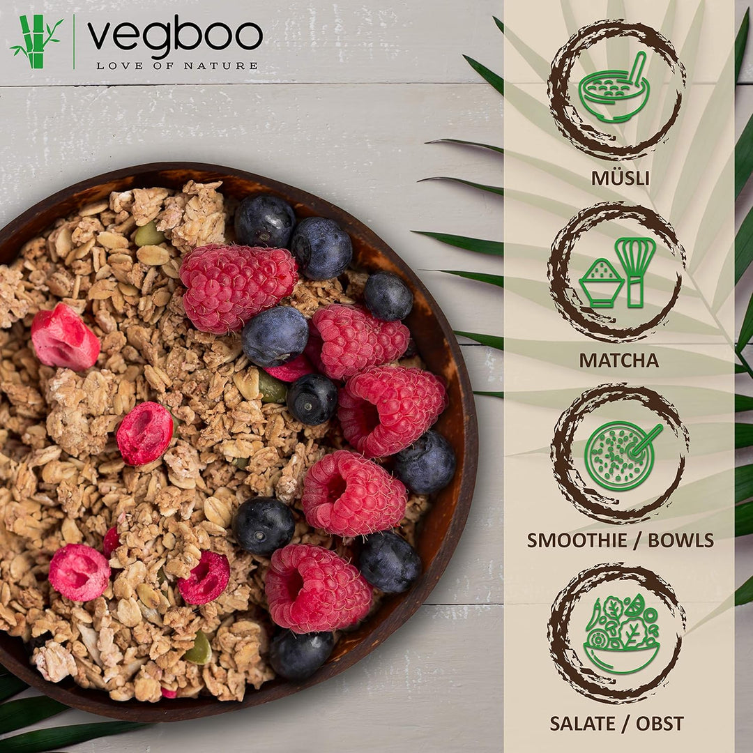vegboo® Kokosnuss Schalen Set – 4er Set (14-teilig) mit Löffeln, Untersetzern & Jutebeutel – Handgef