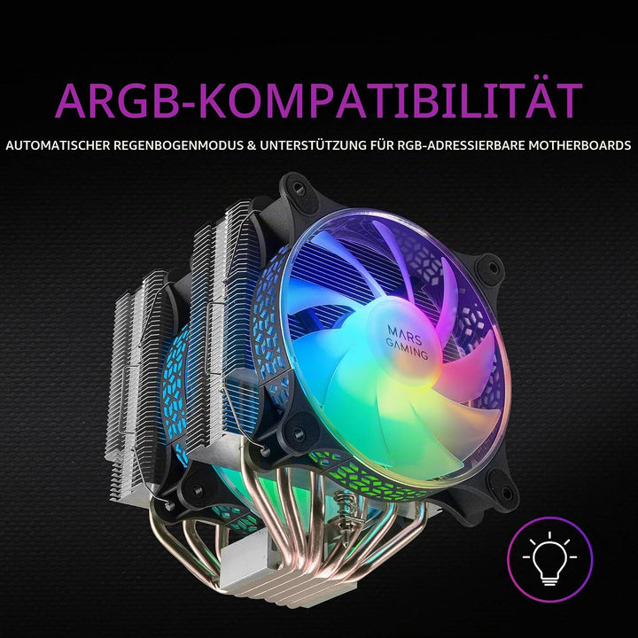 Mars Gaming MCPU-XT Schwarz, CPU Kühlkörper, Dual Tower Kühlung, 6 HCT Heatpipes, TDP 300W, 2 ARGB P