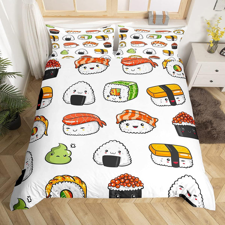 Loussiesd Sushi Muster Bettbezug Set Japanischer Stil Bettwäsche Set 135x200cm für Kinder Jungen Mäd
