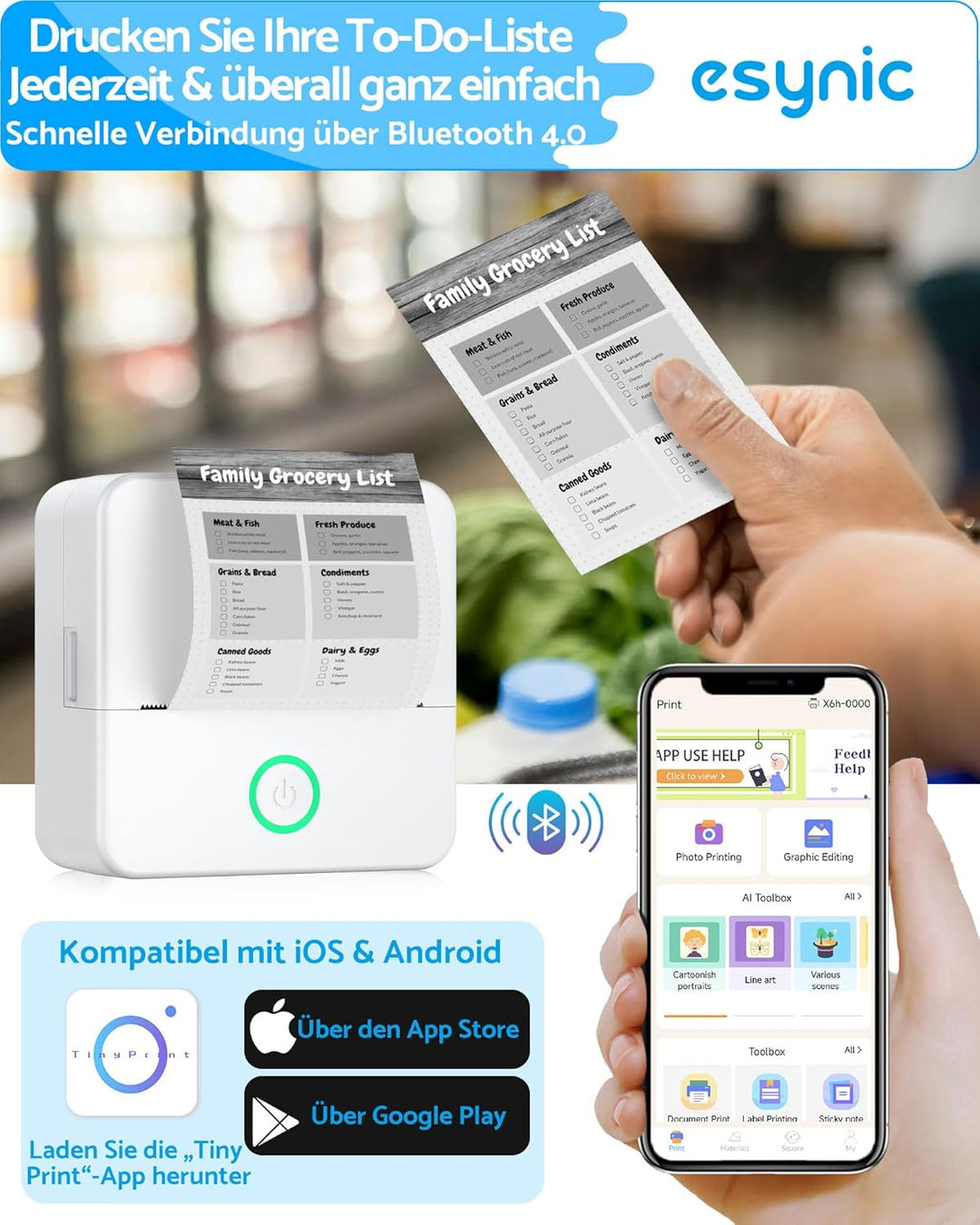 eSynic Mini Thermodrucker Tragbarer Bluetooth-Drucker für Fotos Notizen & Etiketten 200dpi Kompatibe