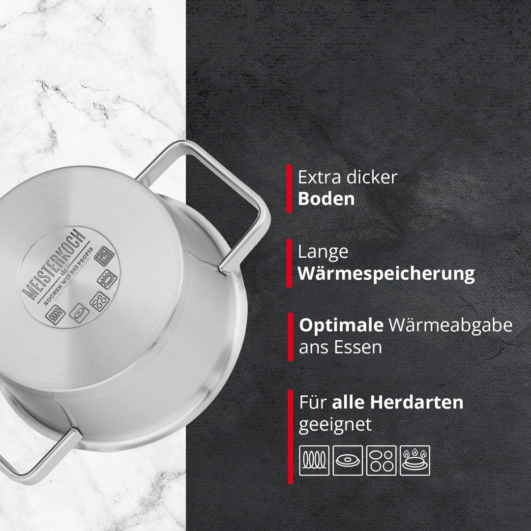 MEISTERKOCH Topf aus gebürstetem Edelstahl 16 cm Ø | mit Ausguss, Innenskalierung und isolierenden K