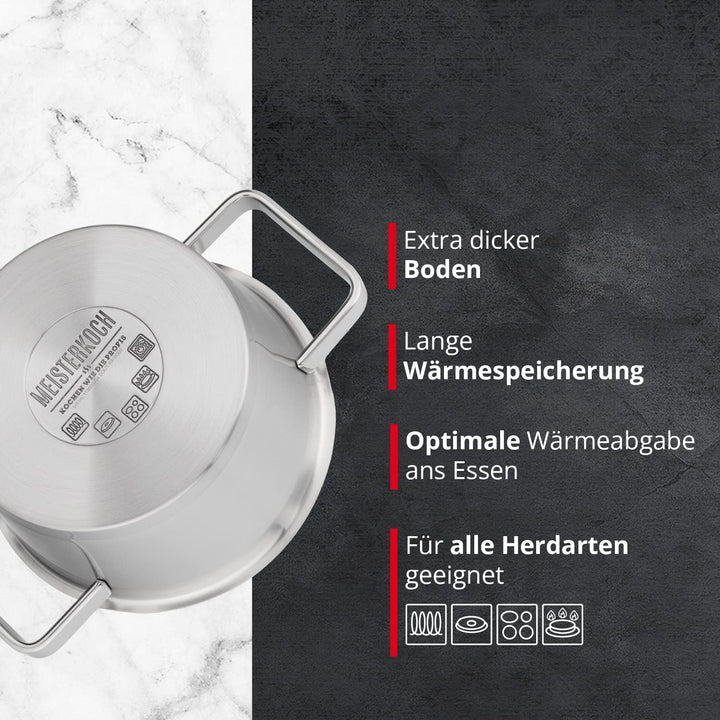 MEISTERKOCH Topf aus gebürstetem Edelstahl 16 cm Ø | mit Ausguss, Innenskalierung und isolierenden K