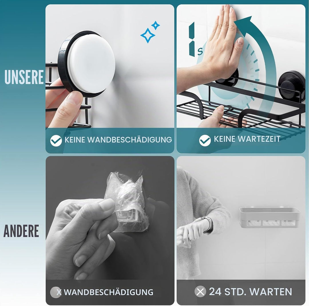 TAILI Duschablage Ohne Bohren, Einstellbar Dusche Caddy Saugnapf 2er Set Dusche Zubehör mit Haken Ro