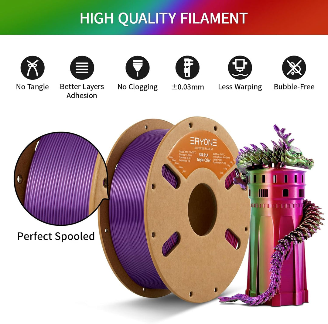 ERYONE Dreifarbiges Seiden PLA Filament 1.75mm,Seidiges Mehrfarbiges PLA-Filament für 3D-Drucker +/-