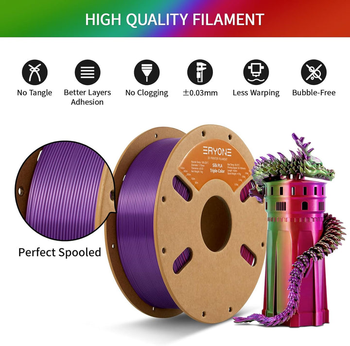 ERYONE Dreifarbiges Seiden PLA Filament 1.75mm,Seidiges Mehrfarbiges PLA-Filament für 3D-Drucker +/-
