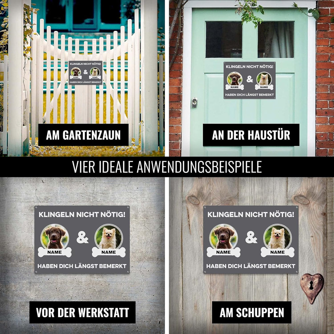 Hunde Schild personalisiert - Klingeln nicht nötig - Metallschild mit Foto und Name für aussen, wett