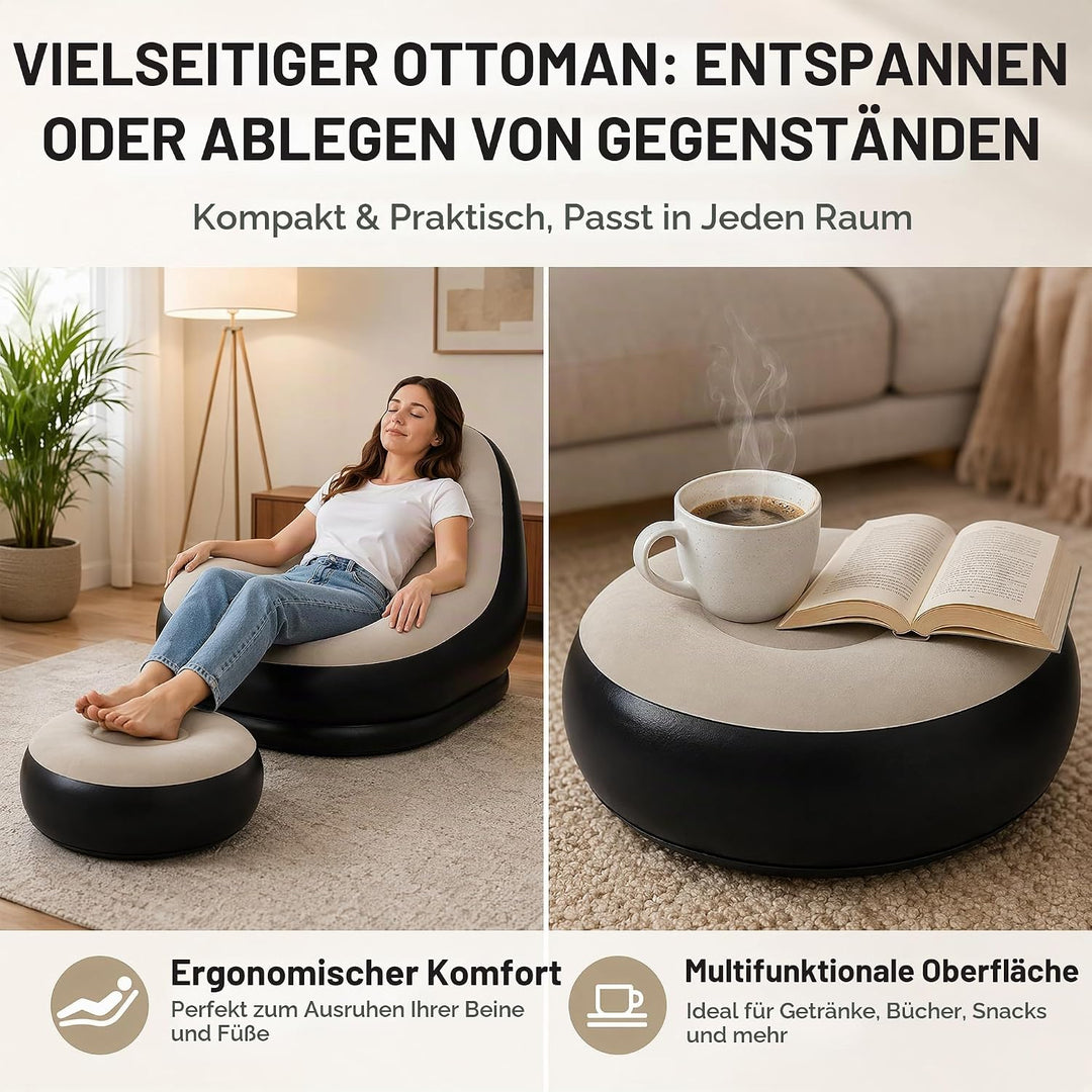 Yuragim Aufblasbares Sofa, Aufblasbarer Sessel mit Fusshocker Wasserdichtes Luftsofa mit Beflockter