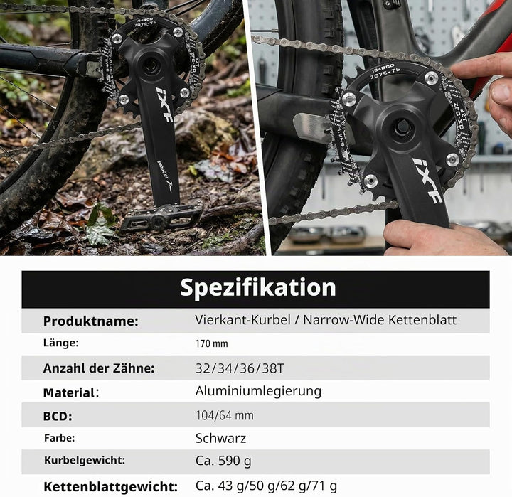 Mountainbike 170 mm Vierkant-Kurbelgarnitur mit 104 BCD 32/34/36/38T Kettenblatt, MTB-Kurbel aus Alu