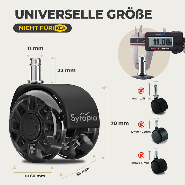 Sytopia 5er Set Bürostuhl Rollen 11x22MM, Grosse Gummirollen für Bürostühle, Perfekte Rollen für Tep