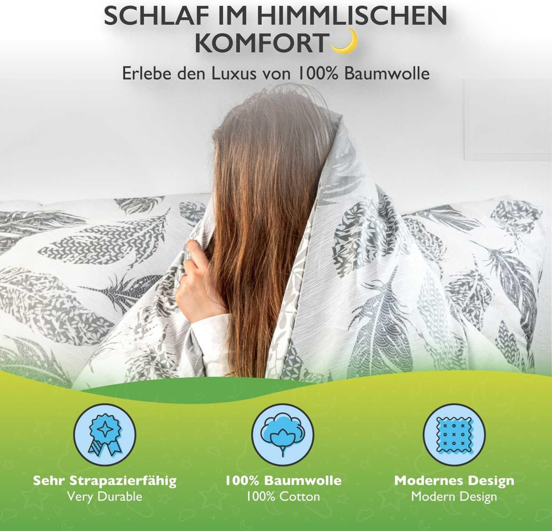 etérea Baumwolle Bettwäsche Federn 240x220 3er Set - Wendebettwäsche mit Reissverschluss - Renforcé