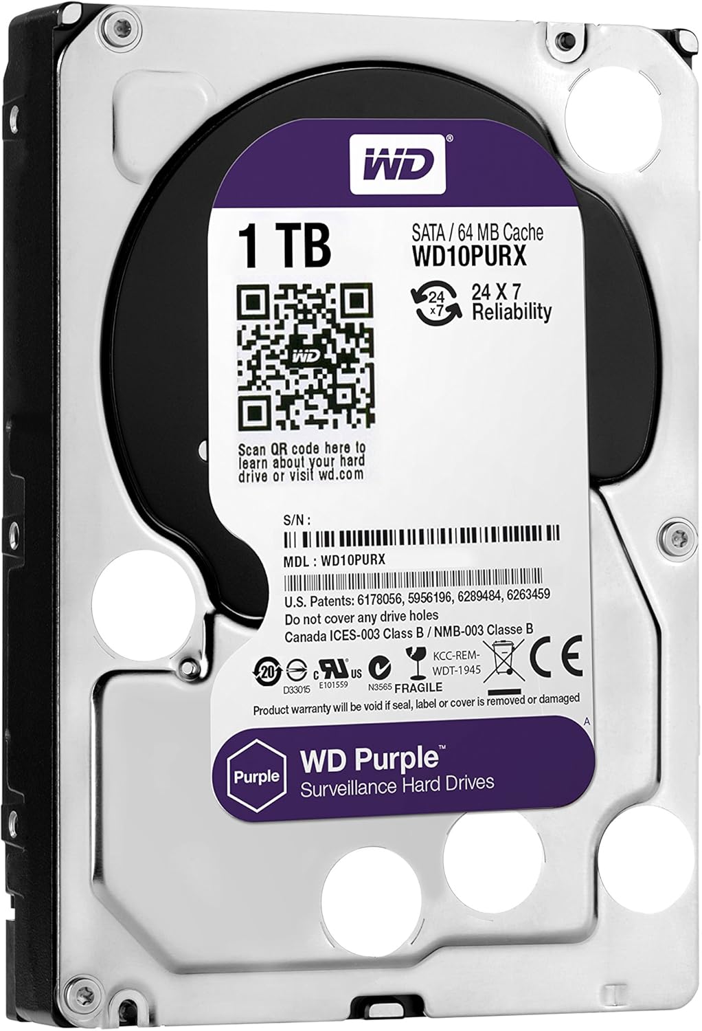 WD Purple 1 TB Festplatte für Videoüberwachung - Intellipower SATA 6 Gb/s 64MB Cache 3.5 Inch - WD10