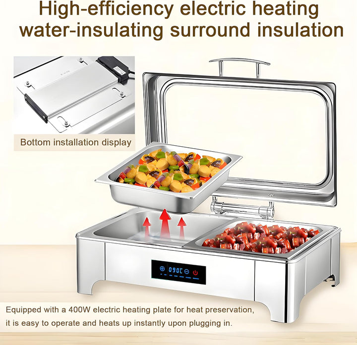 Elektrischer Chafing Dish Glasdeckel, 9L Edelstahl Speisewärmer Buffetwärmer Elektrisch Einstellbare