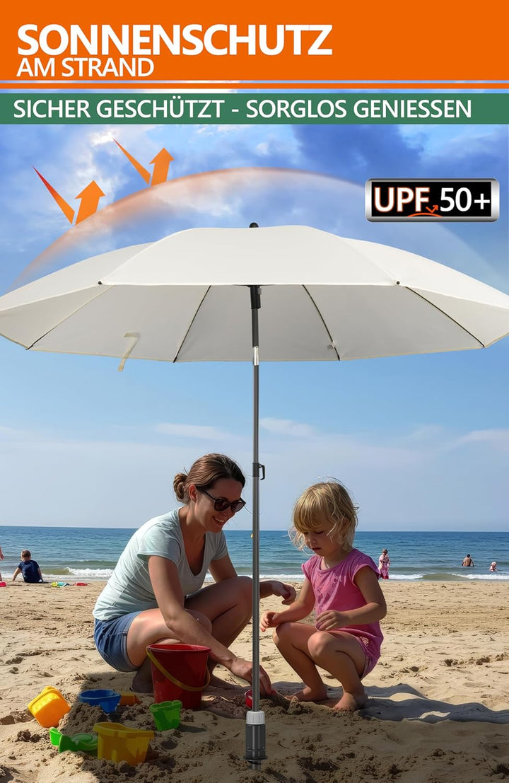 4smile Sonnenschirm Strand SunnyJoy 3-IN-1-SET, Fb. Beige - Strandschirm Ø 180 cm + Bodenhülse + Sch